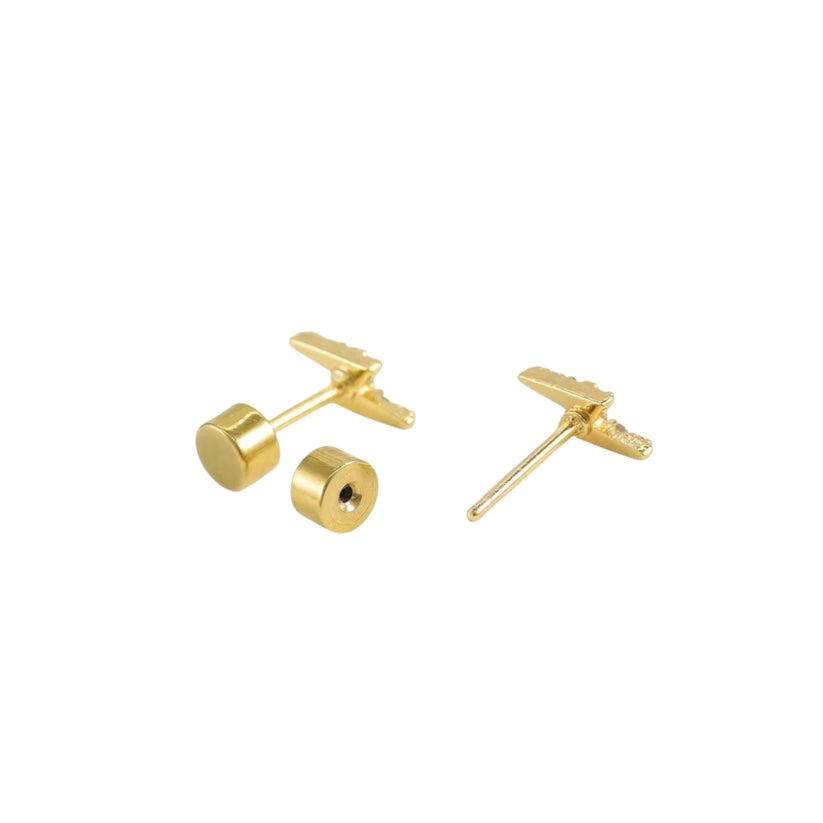 Gold Lightning Bolt CZ Flat Back Stud Earrings