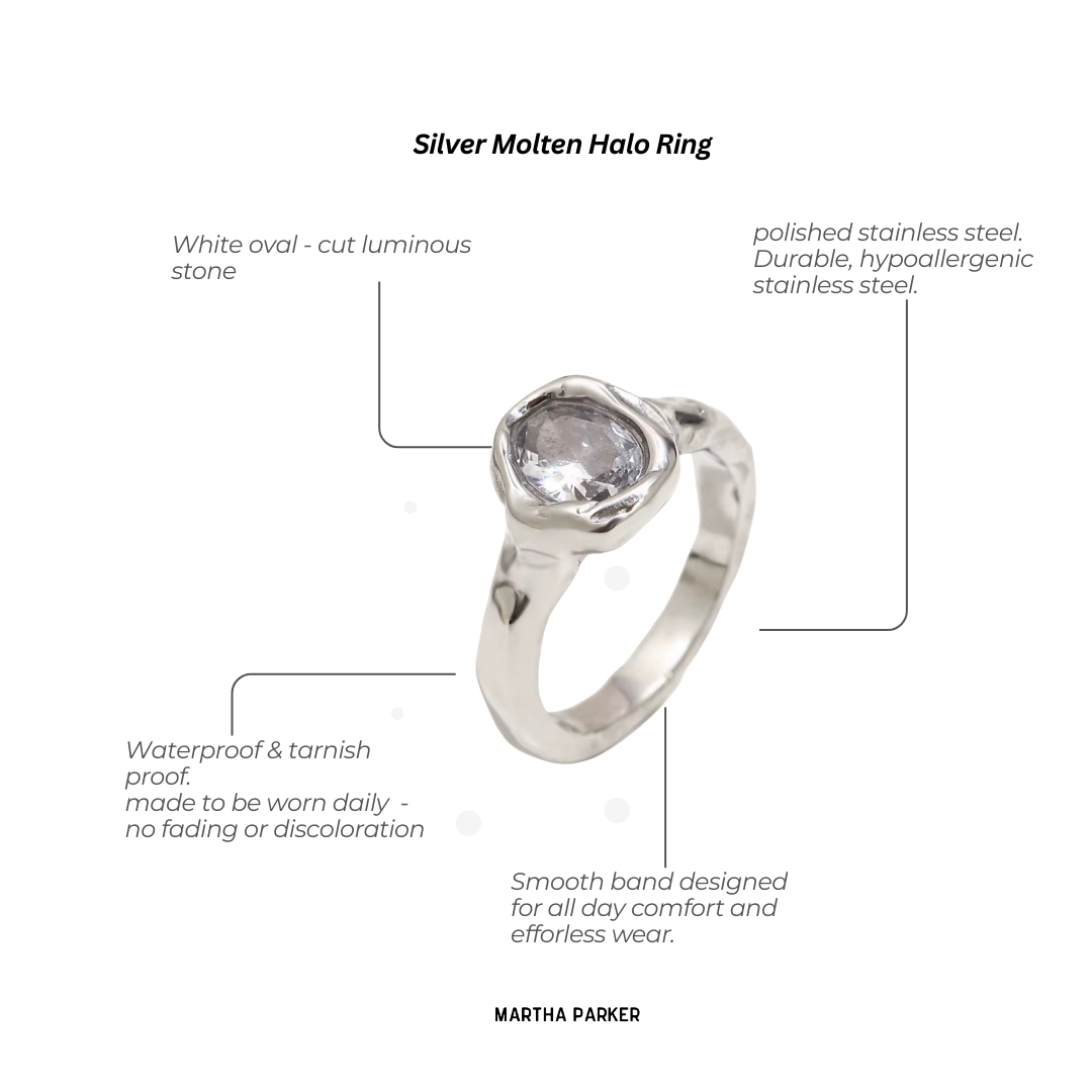 Silver Molten Halo Ring with features highlighted on a white background