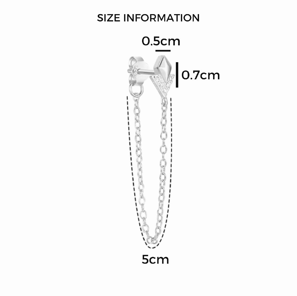 Silver chain earring with size measurement details on a white background