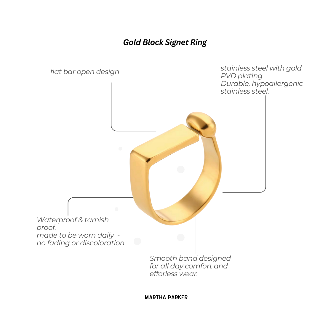 close up of gold stainless steel block signet ring showing features