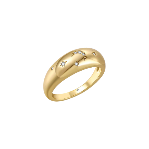 Celestial dome ring with sparkling cubic zirconia detail stars and a crescent moon. stainless steel, waterproof and tarnish free metals