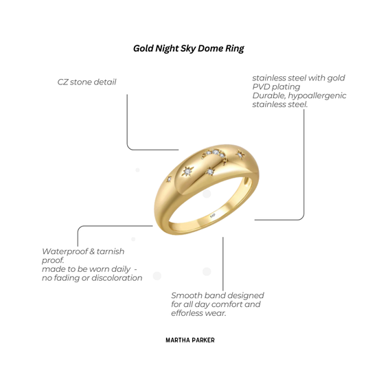 close up of gold stainless steel night sky dome ring showing features and benefits