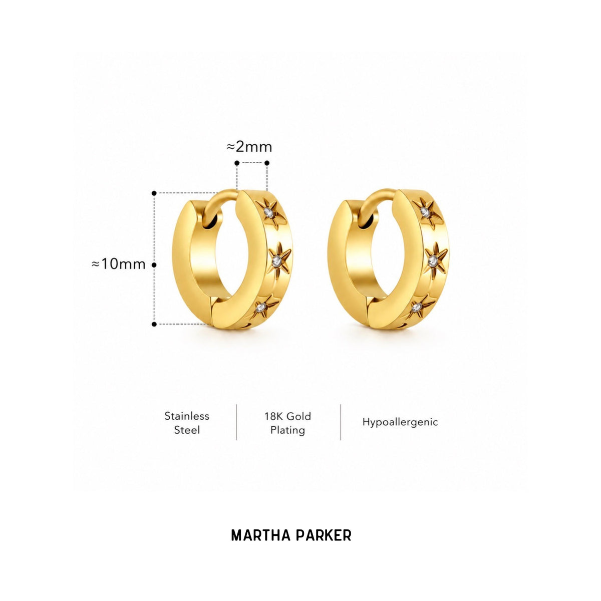 Gold huggie hoop earrings with star-shaped crystal details, shown with dimension markings (10mm height, 2mm inner width) and text noting stainless steel, 18K gold plating, and hypoallergenic properties. The brand name MARTHA PARKER appears below.