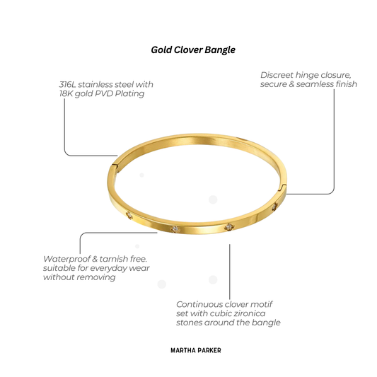 close up of waterproof, tarnish free clover bangle with listed features