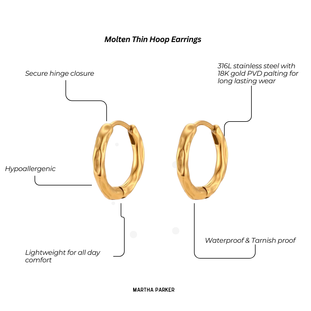 Molten thin Hoops - Waterproof 18K Gold Hoop Earrings