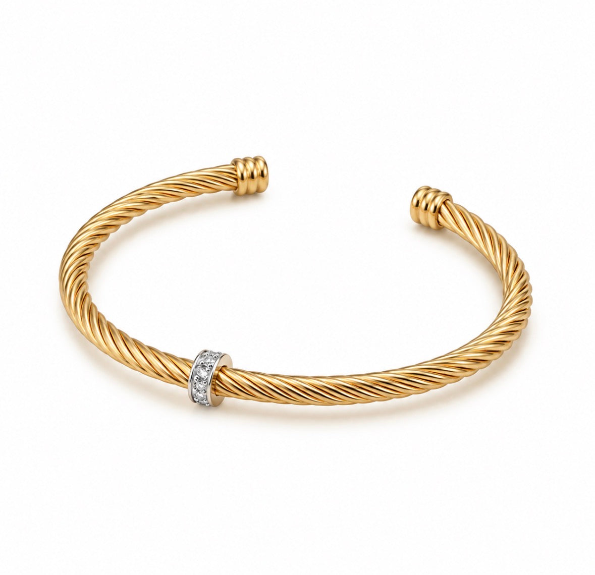 Gold Textured Cable CZ Cuff Bangle