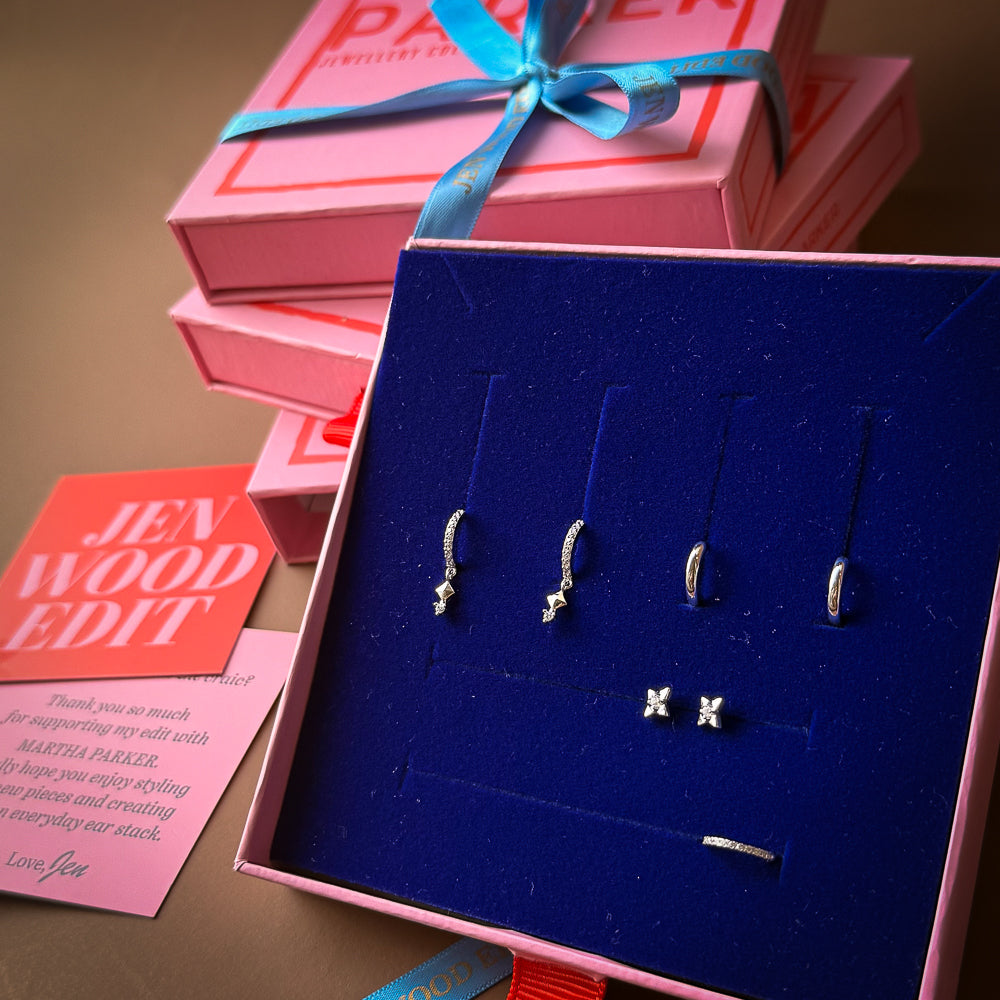 Jewelry set in a blue box with pink packaging and 'Jen Wood Edit' card.