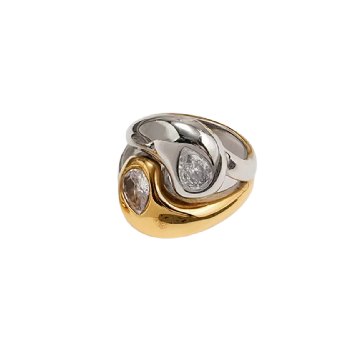 A two-tone gold and silver ring featuring two marquise-cut clear gemstones set in an organic, flowing design, shown on a plain white background.