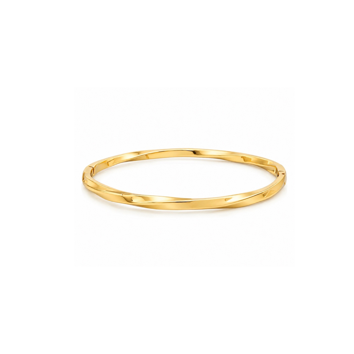 A polished yellow gold bangle bracelet with a smooth, slightly tapered twisted design, shown on a clean white background.