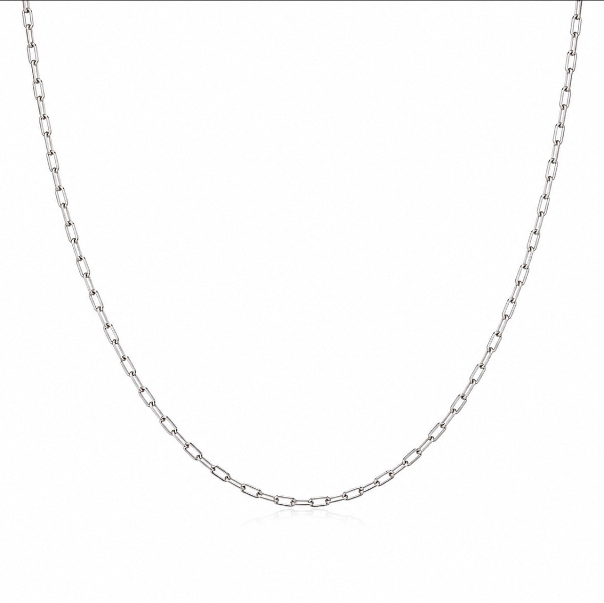 Thin 2mm Silver stainless steel paperlink chain necklace on a white background