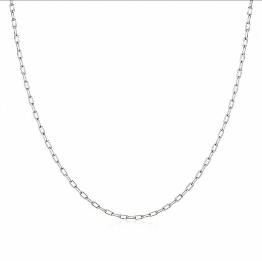Thin 2mm Silver stainless steel paperlink chain necklace on a white background