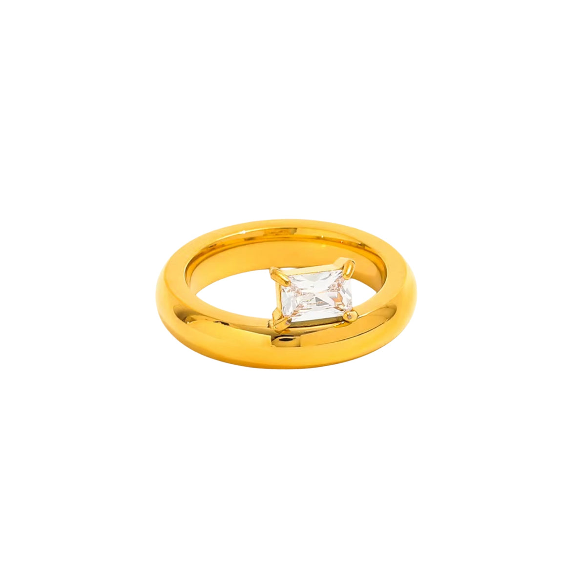 Gold ring with a rectangle cubic zirconia stone diamond.
