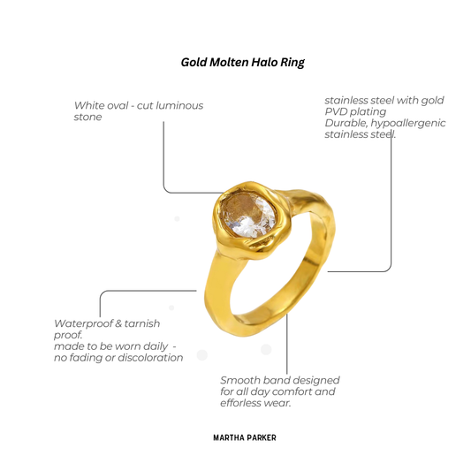 up close gold molten halo ring showing features
