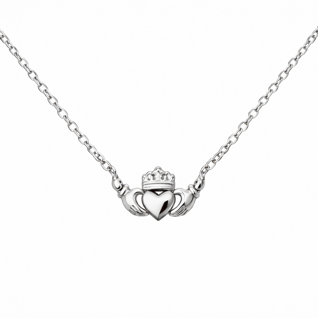 close up detail of silver claddagh necklace. in tarnish free stainless steel on a 45cm chain representing love, loyalty and friendship