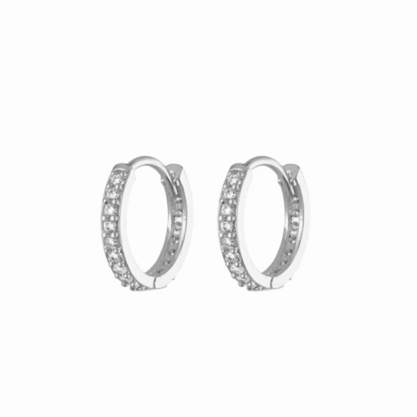 A pair of 13mm sterling silver medium pavé hoop earrings with cubic zirconia detail.