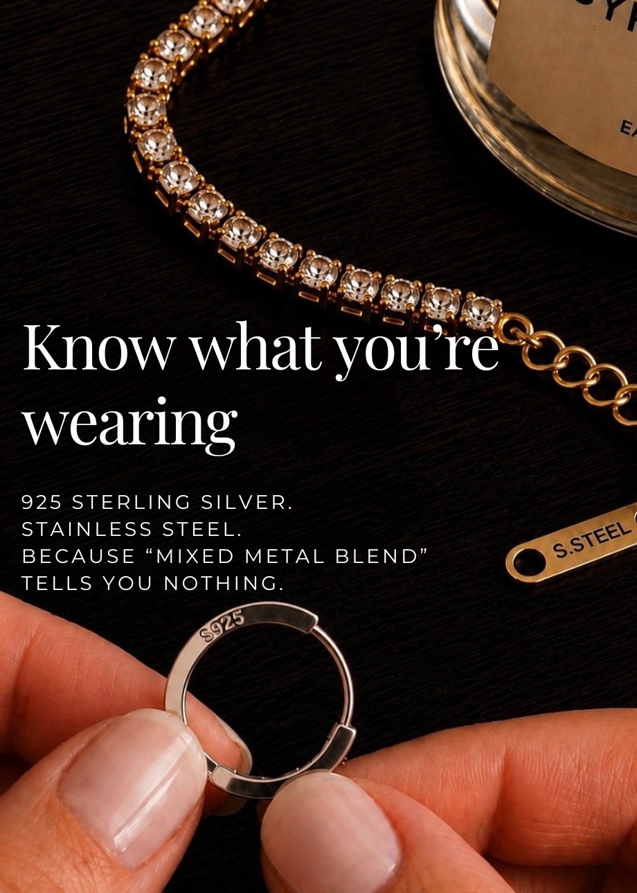 A close-up of a gold-tone chain bracelet with clear rhinestones and a separate silver-tone ring being held by fingers, with text on a dark background reading 'Know what you're wearing' and '925 Sterling Silver. Stainless Steel.