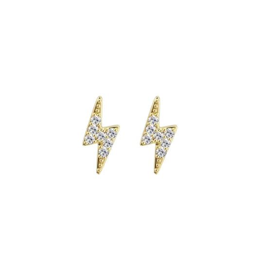 Gold Lightning Bolt CZ Flat Back Stud Earrings