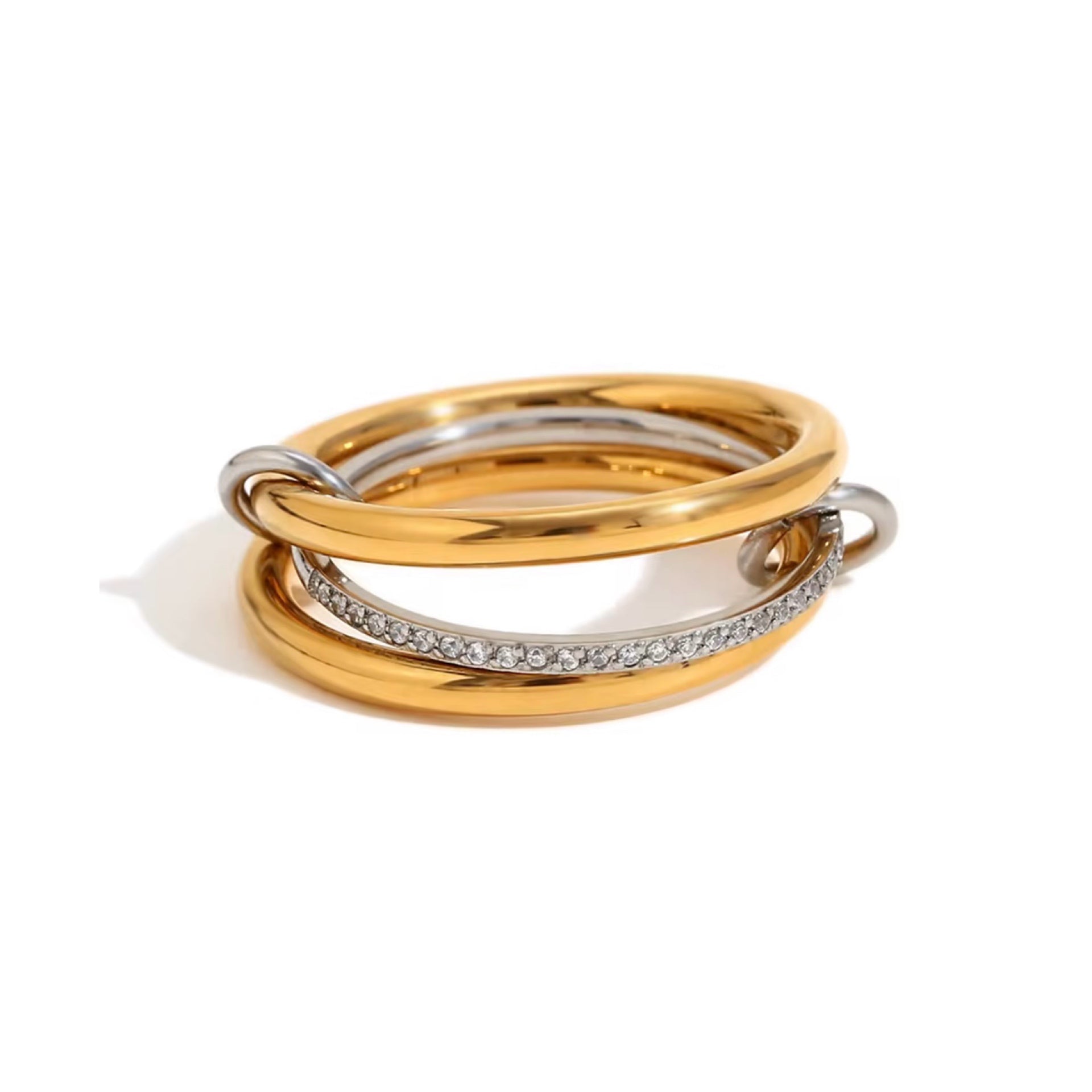 multi- link ring featuring three interconnected stainless steel bands. one middle silver band is adorned with pavé set stone to add a touch of sparkle, while the other two are plain gold polished bands. small metal silver loop connects the bands, enhancing the unique design. waterproof and tarnish free for lasting durability. 
