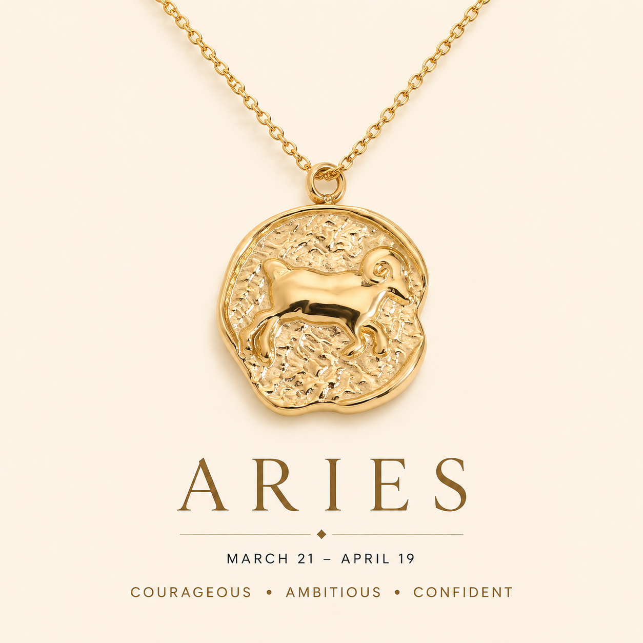 Gold Aries zodiac necklace on a beige background