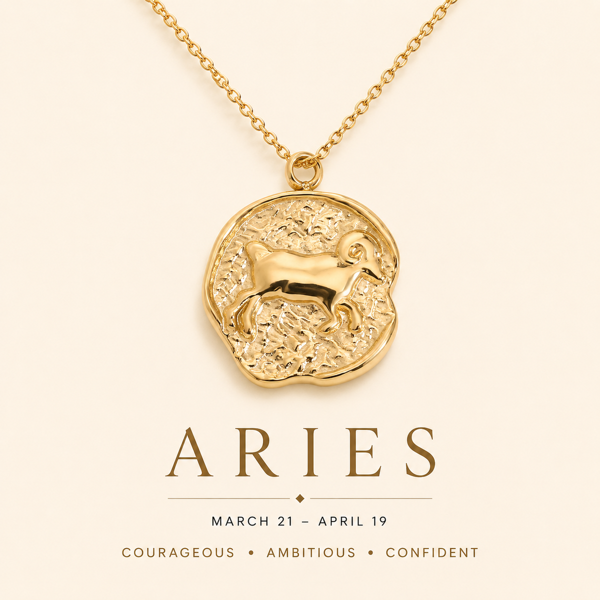 Gold Aries zodiac necklace on a beige background