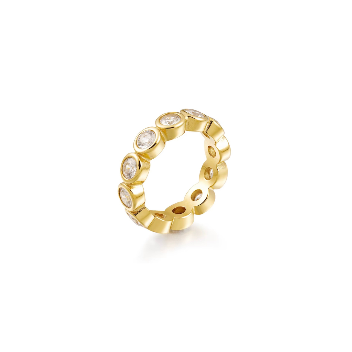 A gold eternity-style ring featuring multiple bezel-set clear round stones, photographed on a clean white background.