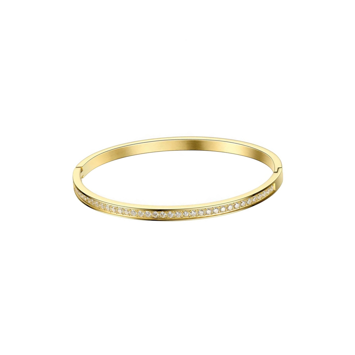 A slim gold bangle bracelet with a row of small clear stones set along the front band, shown on a plain white background.