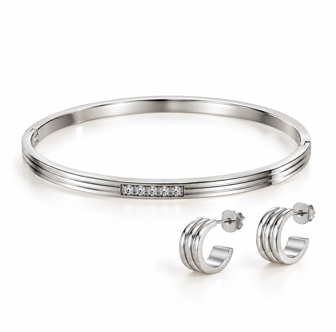 Solane Bangle & Mini Triple C-Hoop Silver Set