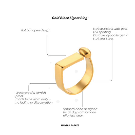 close up of gold stainless steel block signet ring showing features 