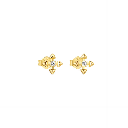 Gold earrings with diamond accents on a white background