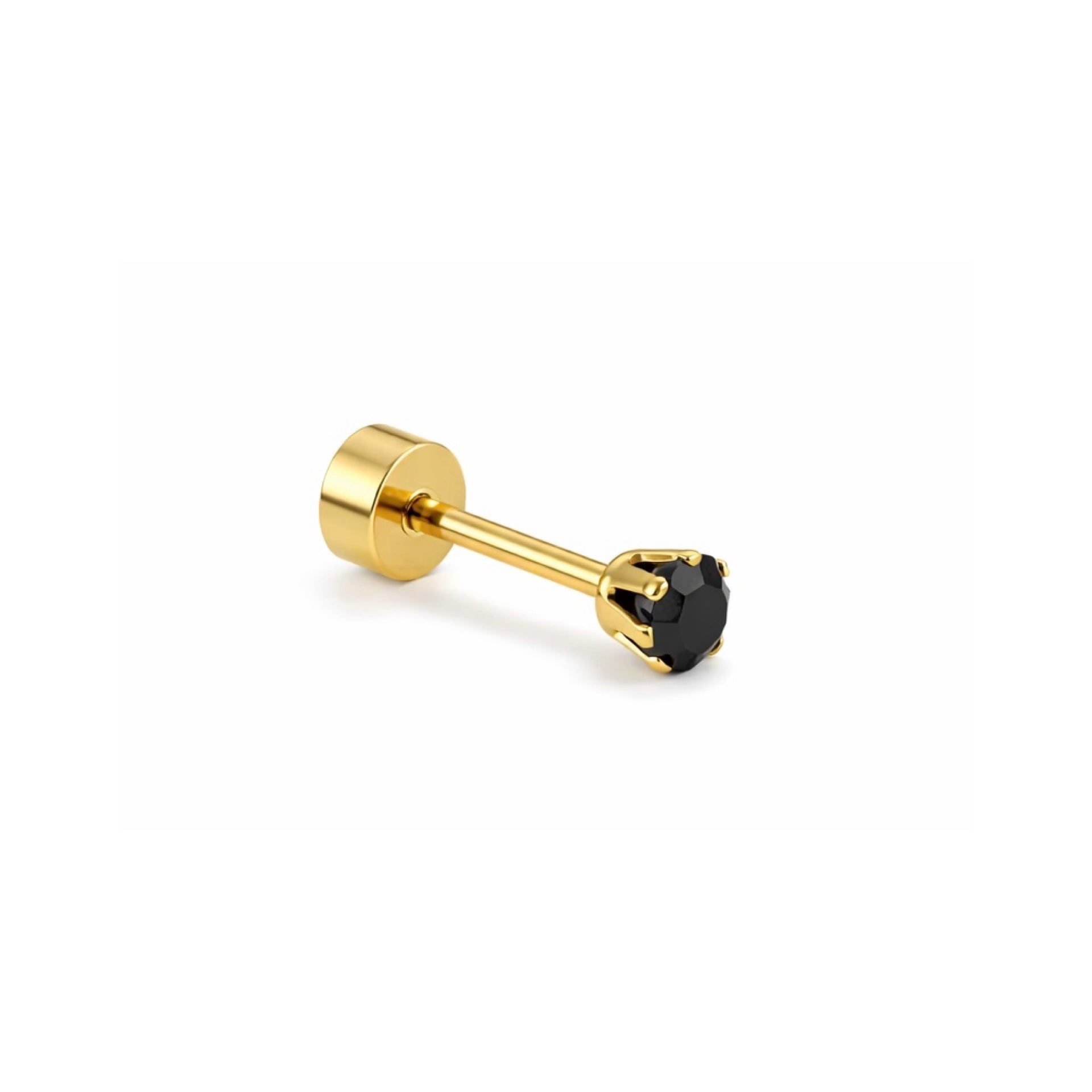 Gold flat back stud earring with a black gemstone on a white background