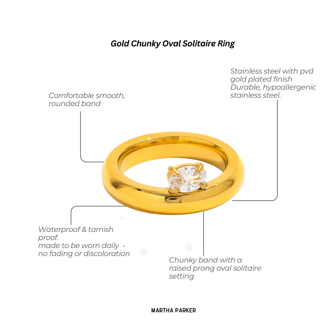 gold  smooth rounded band with a raised solitaire cz stone showing all features of this ring 