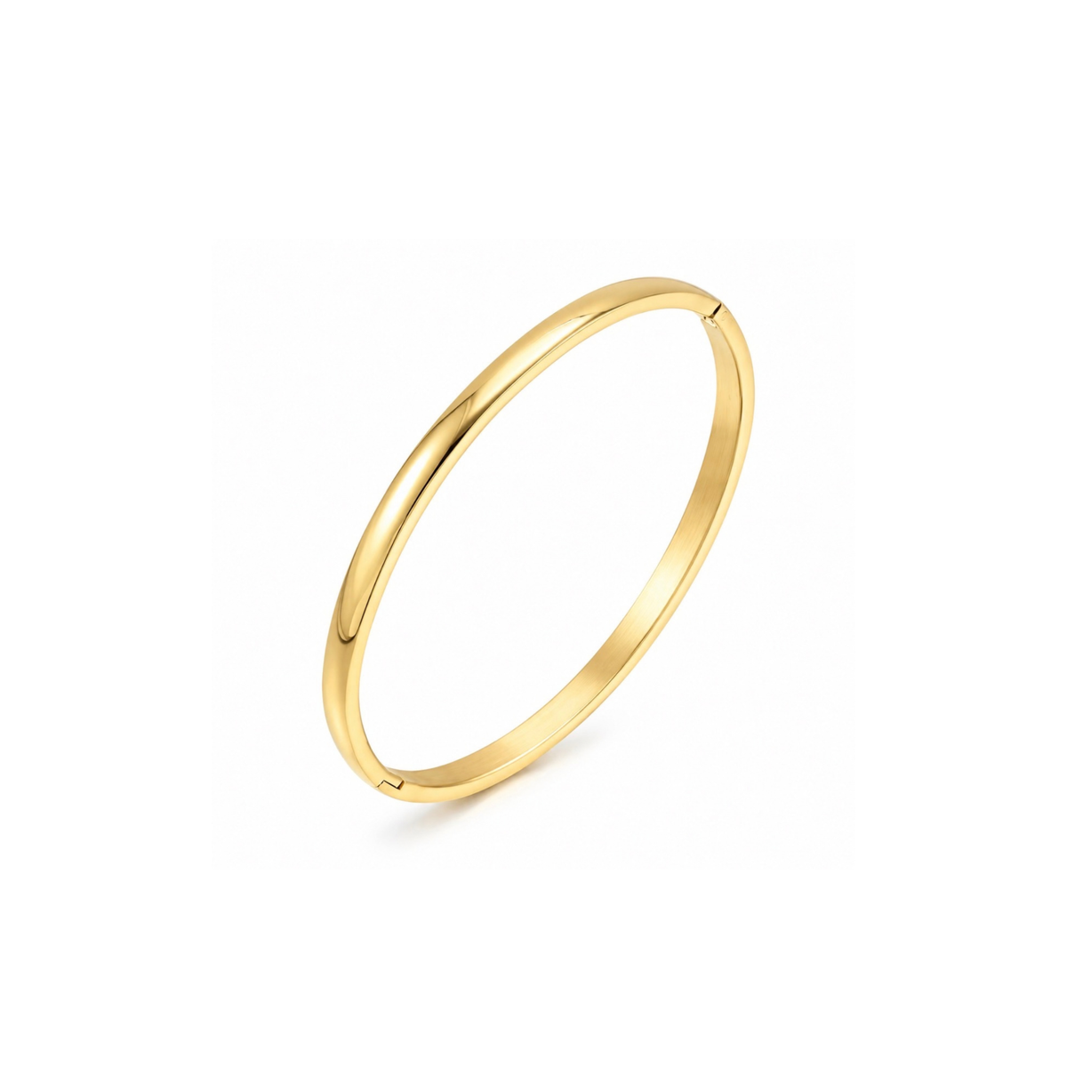 A polished yellow gold bangle bracelet shown at an angle on a clean white background.