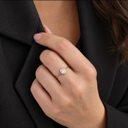 A close-up of a woman's hand wearing a delicate gold ring with a round clear gemstone, styled with a black blazer.
