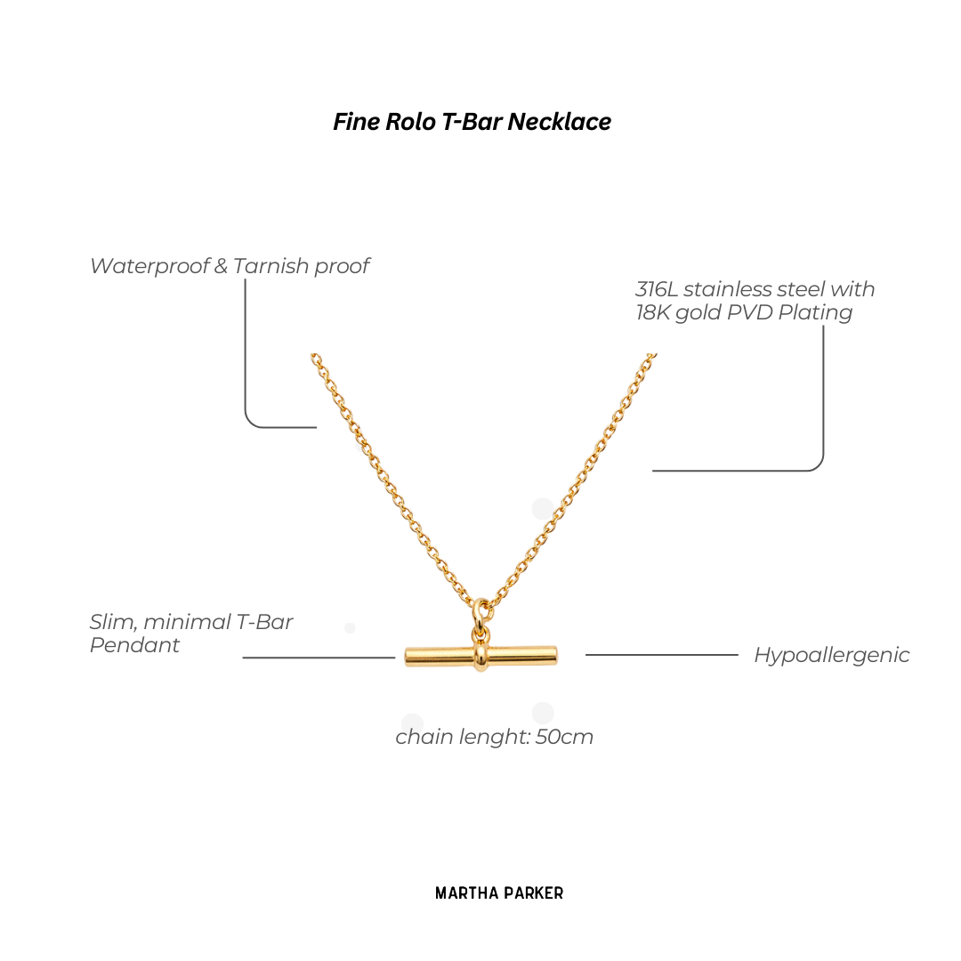 Gold Fine Rolo T-Bar Necklace with product features on a white background