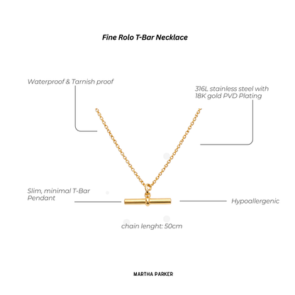 Gold Fine Rolo T-Bar Necklace with product features on a white background