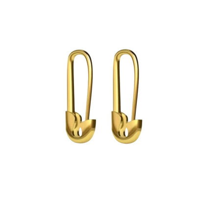 Gold safety pin earrings on a white background