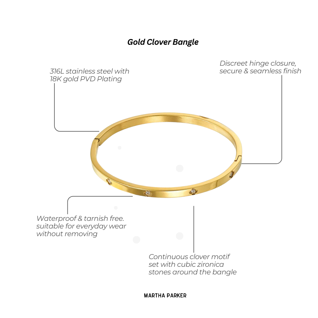 close up of waterproof, tarnish free clover bangle with listed features 