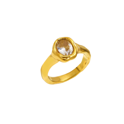 gold molten halo tarnish free ring with a white stone. statement style 