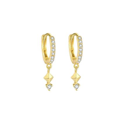 Gold hoop earrings with diamond-shaped drops on a white background
