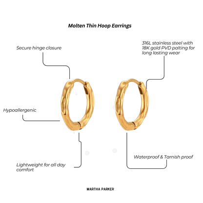 Gold molten thin hoop earrings with product features on a white background