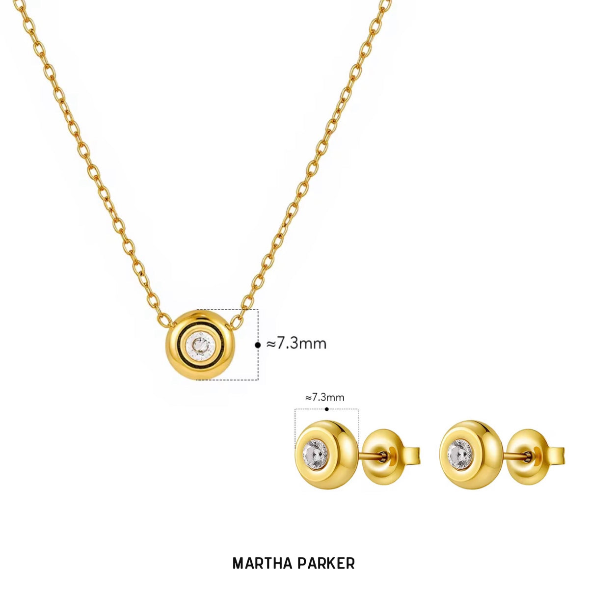 Gold necklace and earrings showing measurements with visible brand 'Martha Parker' on a white background