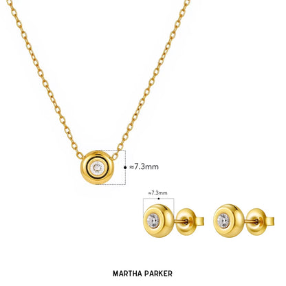 Gold necklace and earrings showing measurements with visible brand 'Martha Parker' on a white background