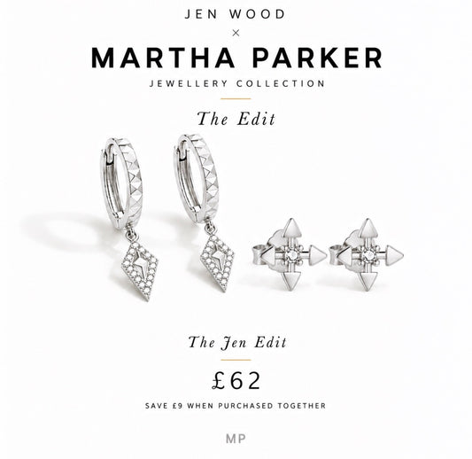 Jen Wood x Martha Parker Jewellery Collection 'The Edit' set featuring silver hoop earrings with dangling pavé diamond geometric charms and matching stud earrings with pyramid charms, on a white background with promotional text.
