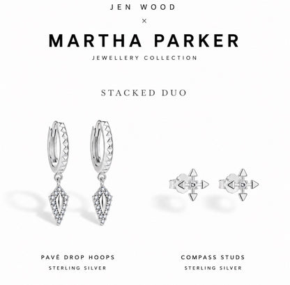Jen Wood x Martha Parker Jewellery Collection 'Stacked Duo' sterling silver earrings on a white background. The set includes Pavé Drop Hoops and Compass Studs.