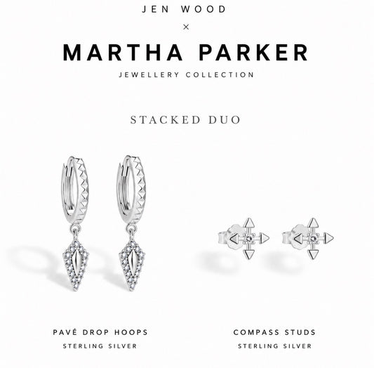 Jen Wood x Martha Parker Jewellery Collection 'Stacked Duo' sterling silver earrings on a white background. The set includes Pavé Drop Hoops and Compass Studs.