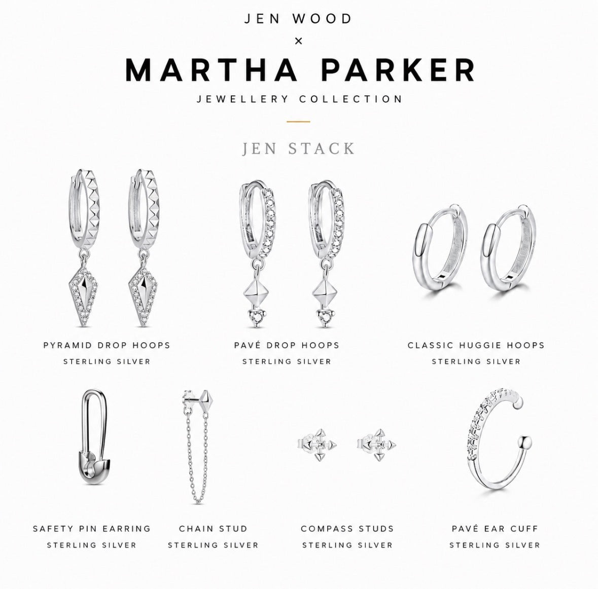 A product collage from the Jen Wood x Martha Parker Jewellery Collection showcasing various sterling silver earrings on a clean white background. The collection features pyramid drop hoops, pave drop hoops, classic huggie hoops, a safety pin earring, a chain stud, compass studs, and a pave ear cuff, each labeled with its name and material.