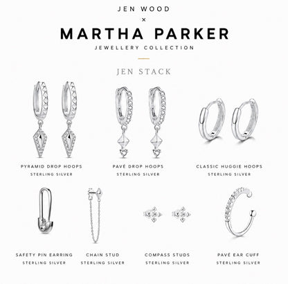A product collage from the Jen Wood x Martha Parker Jewellery Collection showcasing various sterling silver earrings on a clean white background. The collection features pyramid drop hoops, pave drop hoops, classic huggie hoops, a safety pin earring, a chain stud, compass studs, and a pave ear cuff, each labeled with its name and material.