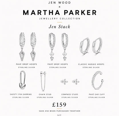 A promotional collage for a jewelry set featuring sterling silver earrings and studs from Jen Wood x Martha Parker Jewellery Collection, including Pavé Drop Hoops, Classic Huggie Hoops, Safety Pin Earring, Chain Stud, Compass Studs, and Pavé Ear Cuff, with the text 'Jen Stack' and a price of £159.