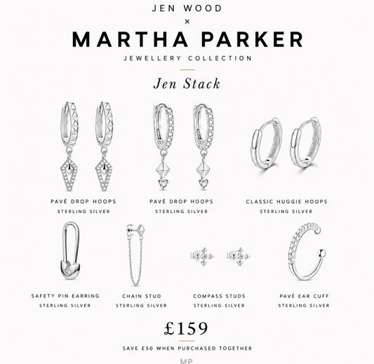 A promotional collage for a jewelry set featuring sterling silver earrings and studs from Jen Wood x Martha Parker Jewellery Collection, including Pavé Drop Hoops, Classic Huggie Hoops, Safety Pin Earring, Chain Stud, Compass Studs, and Pavé Ear Cuff, with the text 'Jen Stack' and a price of £159.