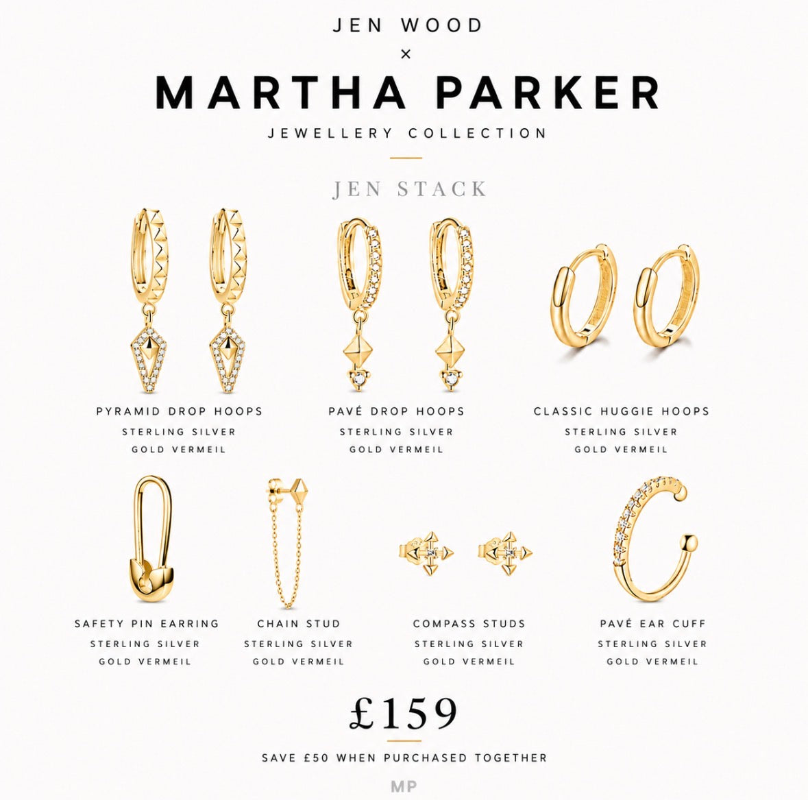 A promotional collage showing multiple gold and sterling silver jewelry pieces from the Jen Wood x Martha Parker Collection, including hoop, huggie, stud, pin, chain, compass, and ear cuff designs, with text labels and a price of £159 on a white background.